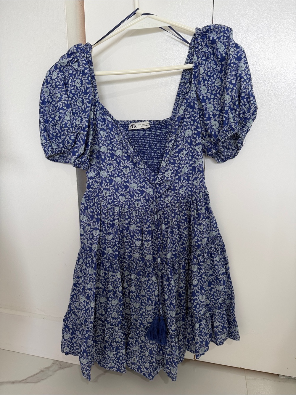 ZARA cotton Blue Floral Puff-Sleeve Mini Dress